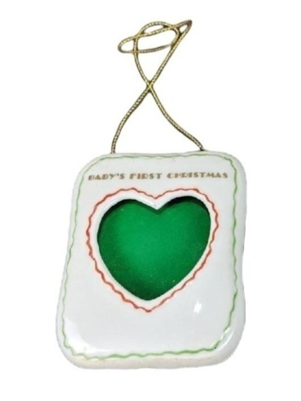 Babys First Christmas Porcelain Ornament With Heart Cutout & Gold Cord A510